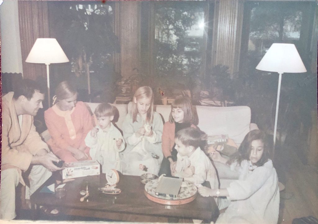 Family in living room at Christmas 1967