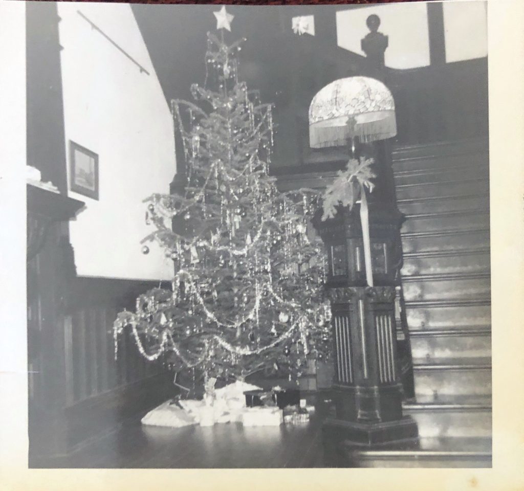 Christmas tree next to the front hallway stairs, 1967