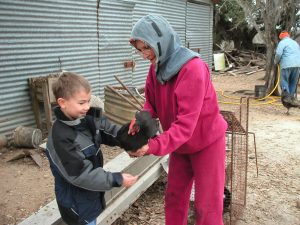 Vlasta Korenik helping Connor hold a chicken.